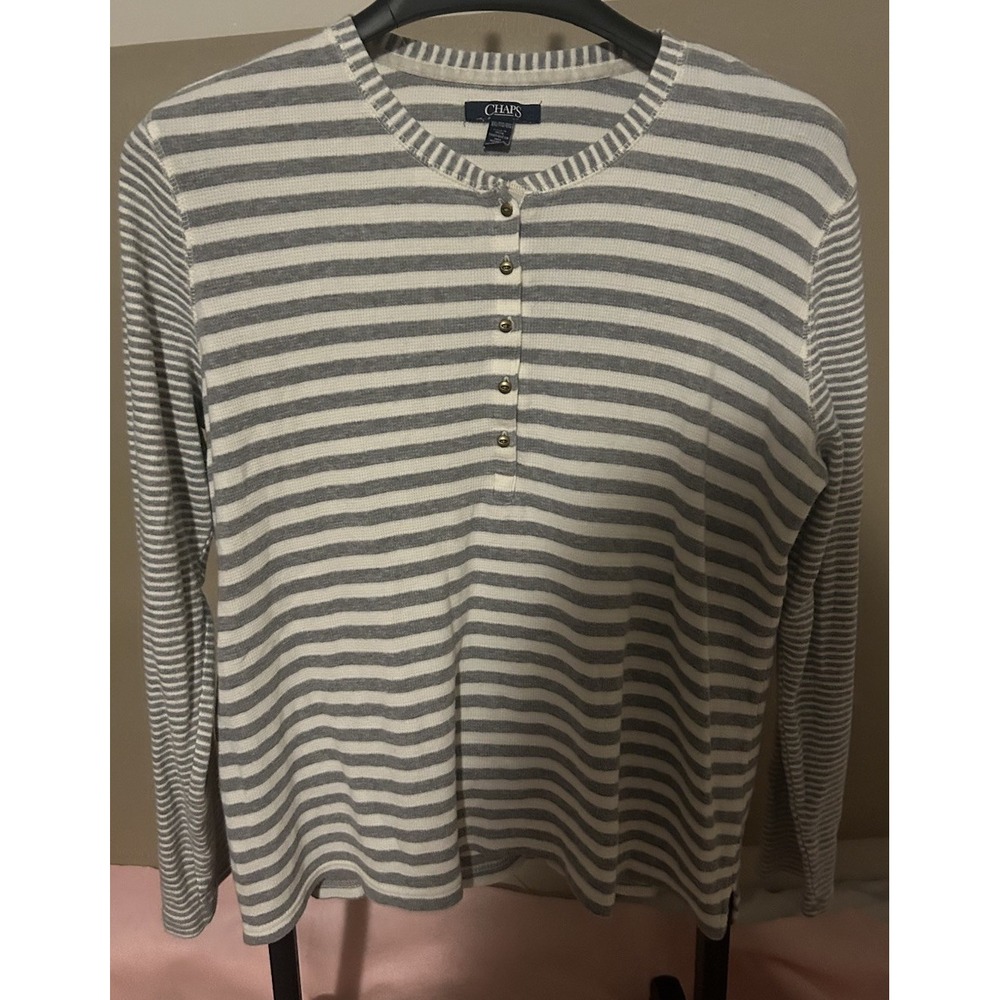 Chaps Striped Shirt Women's XXL Henley Top  Shirt GrayWhite. Preppy, Travel Work